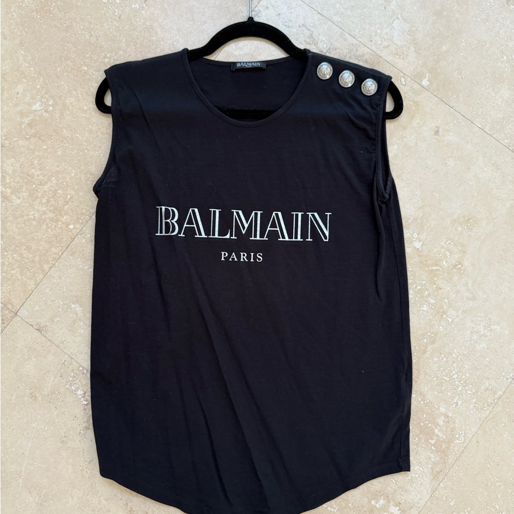 Balmain Black Sleeveless Tee with White Logo